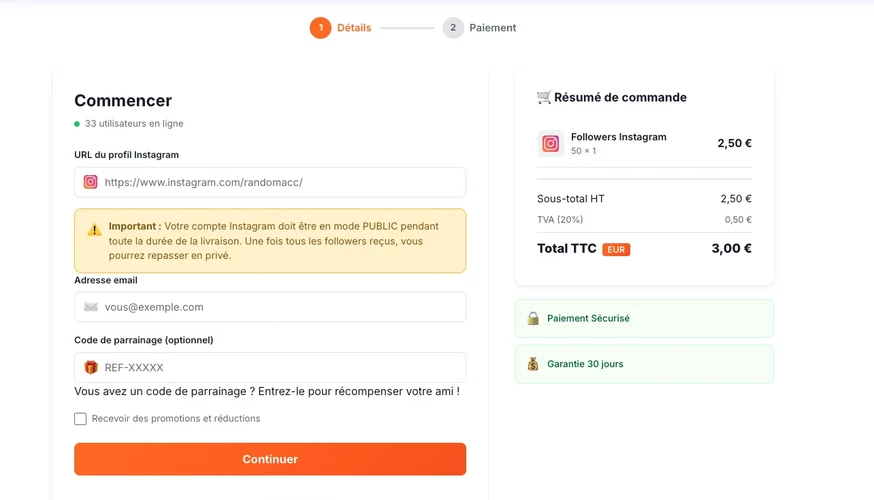 Proceso de pedido para comprar seguidores en Instagram